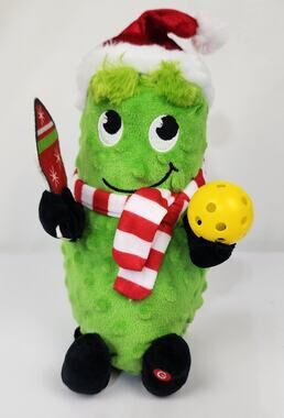 Gemmy Animated Eyebrow Wiggler Pickle Playing Pickleball Plush 11" Christmas Fun